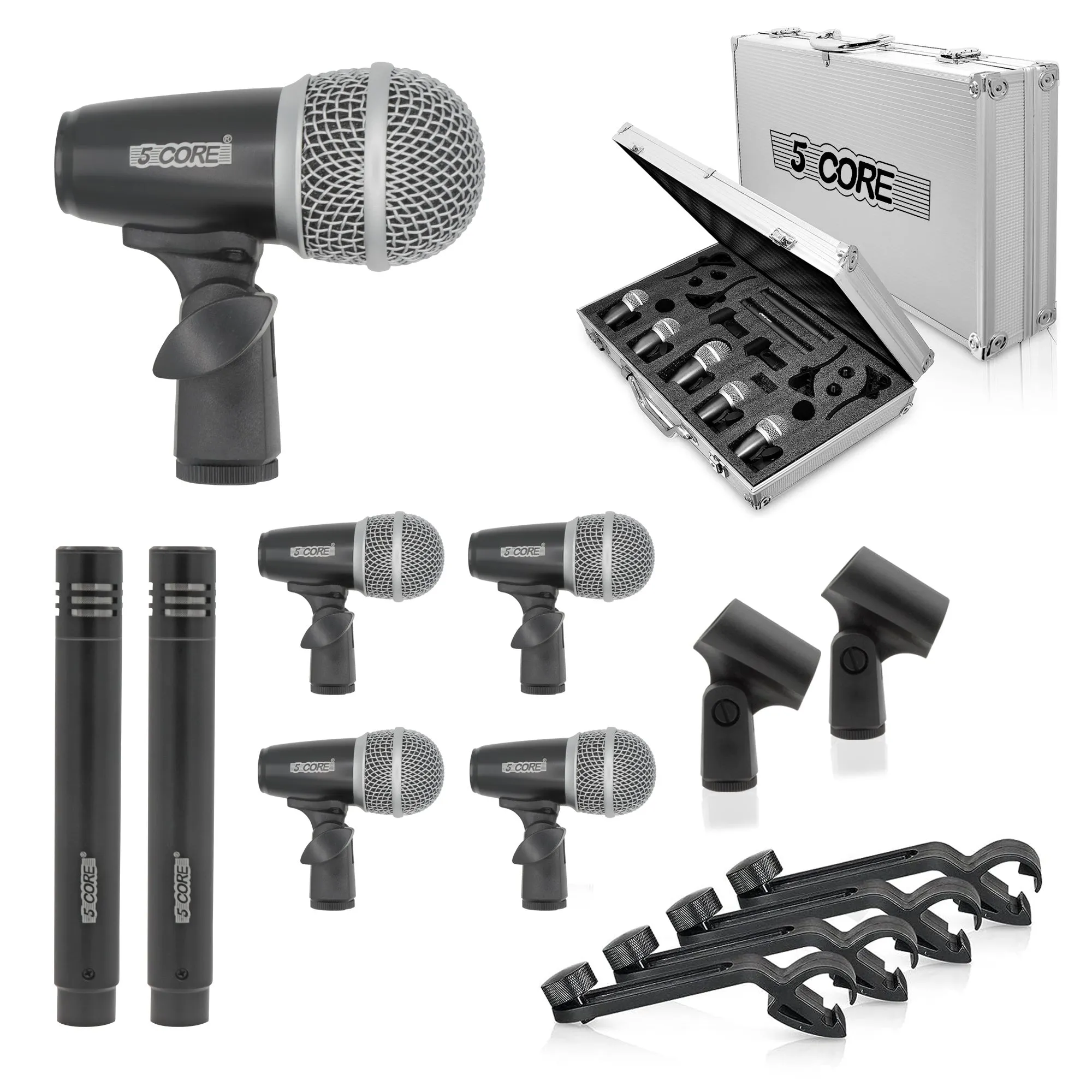 5 Core Drum Microphone Kit 7 Piece Full Metal Dynamic Wired Drums Mic Set for Drummers with Kick Bass Tom Snare   Carrying Silver Case Sponge & Thread Holder for Vocal & Instrument - DM 7RND