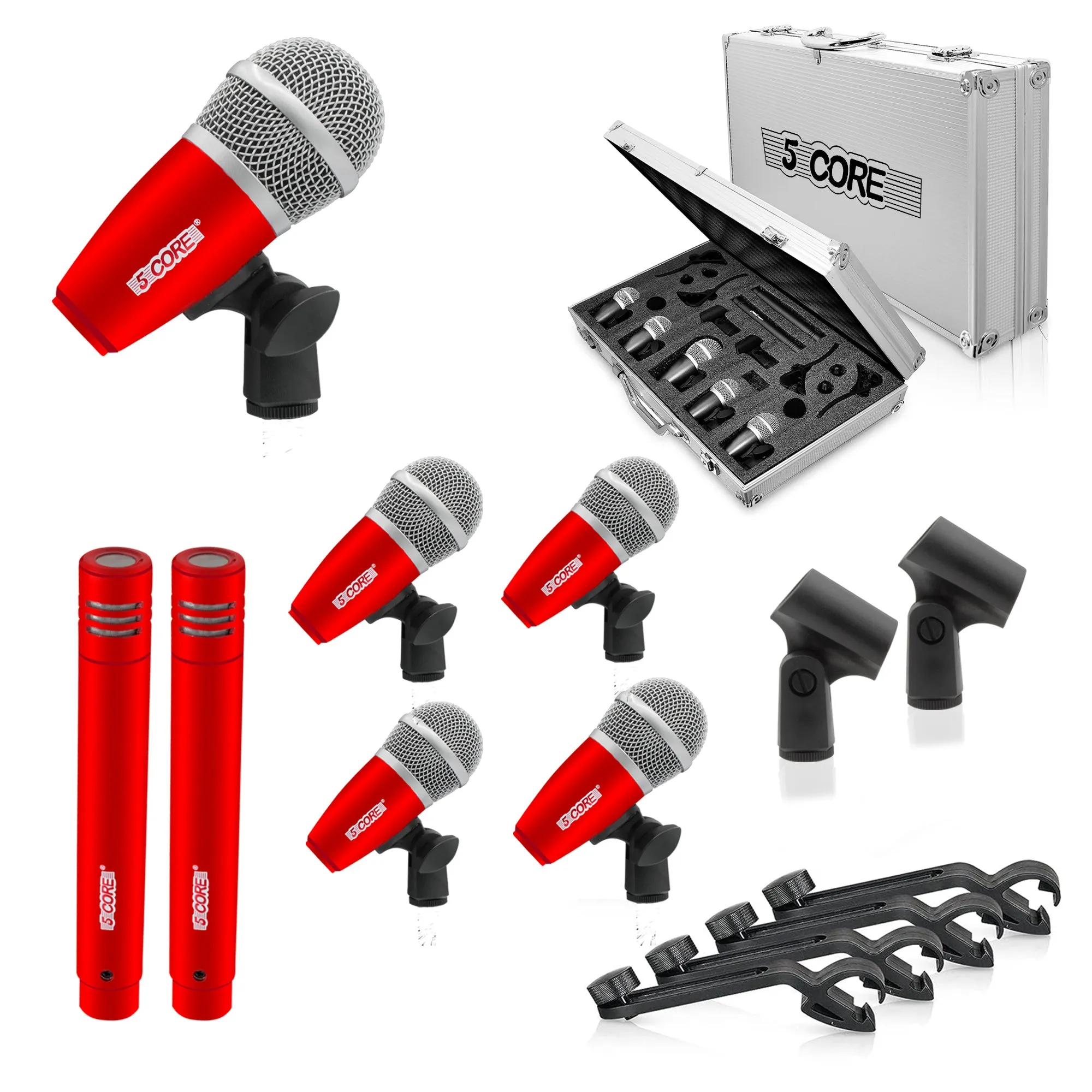 5 Core Drum Microphone Kit 7 Piece Full Metal Dynamic Wired Drums Mic Set for Drummers with Kick Bass Tom Snare   Carrying Silver Case Sponge & Thread Holder for Vocal & Instrument - DM 7RND