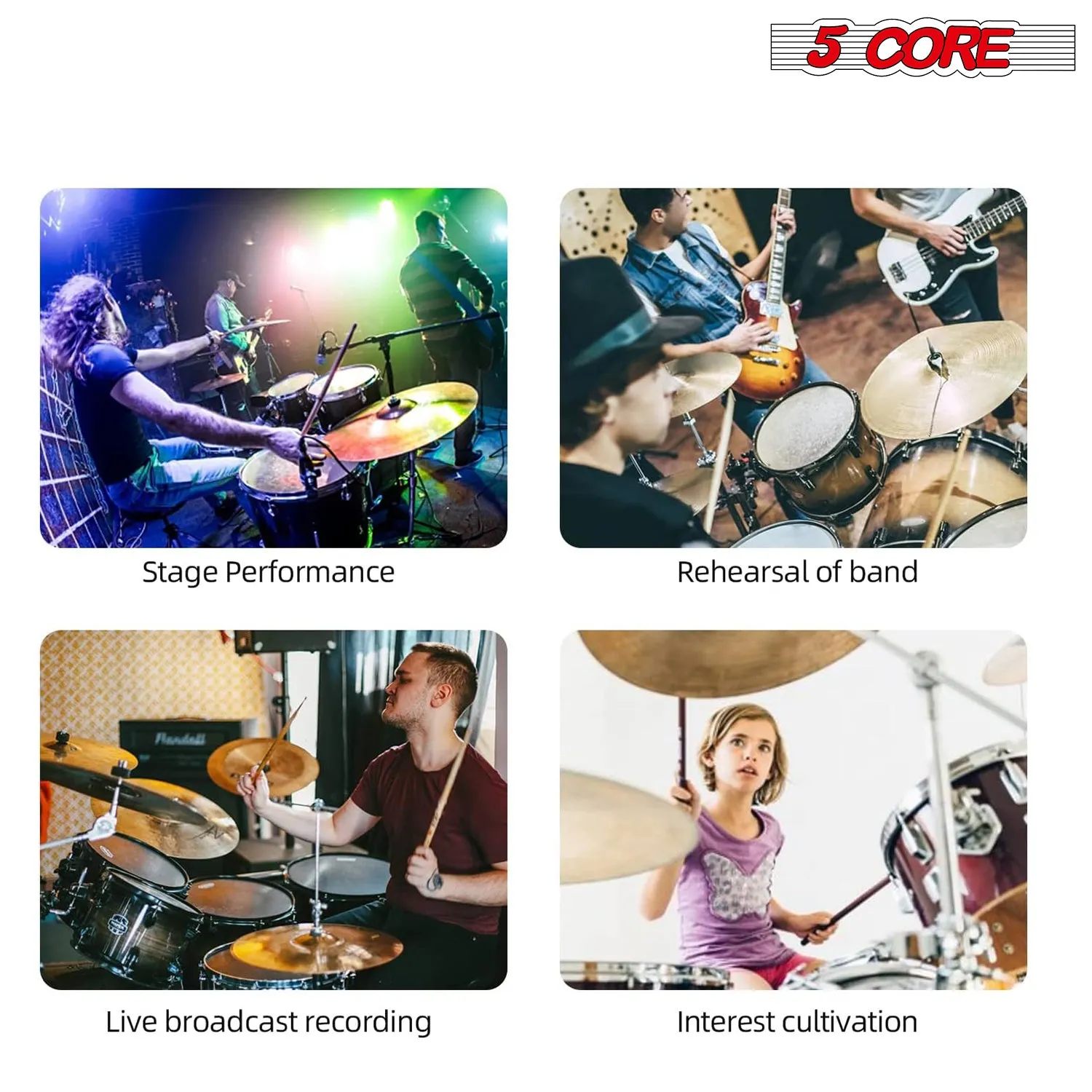 5 Core Drum Microphone Kit 7 Piece Full Metal Dynamic Wired Drums Mic Set for Drummers with Kick Bass Tom Snare   Carrying Silver Case Sponge & Thread Holder for Vocal & Instrument - DM 7RND