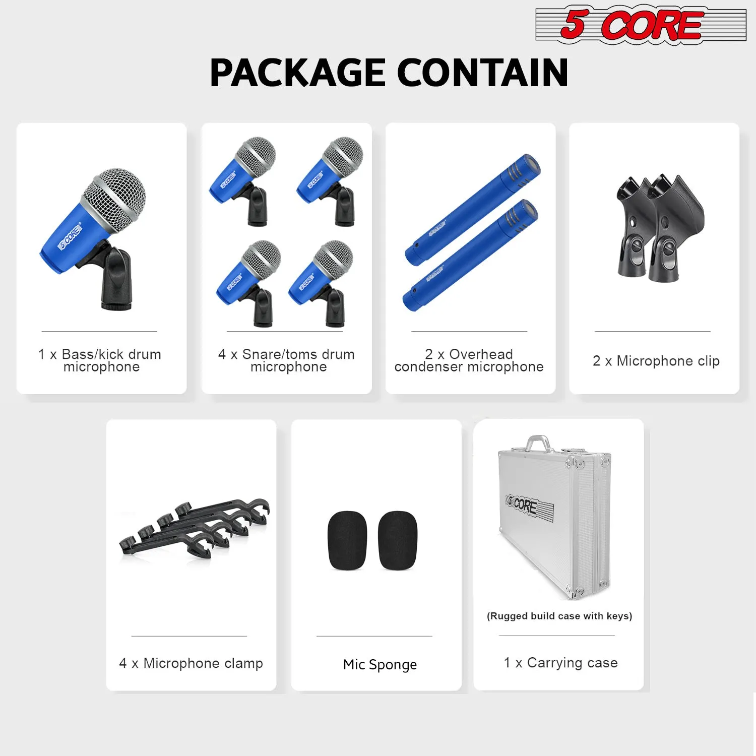 5 Core Drum Microphone Kit 7 Piece Full Metal Dynamic Wired Drums Mic Set for Drummers with Kick Bass Tom Snare   Carrying Silver Case Sponge & Thread Holder for Vocal & Instrument - DM 7RND