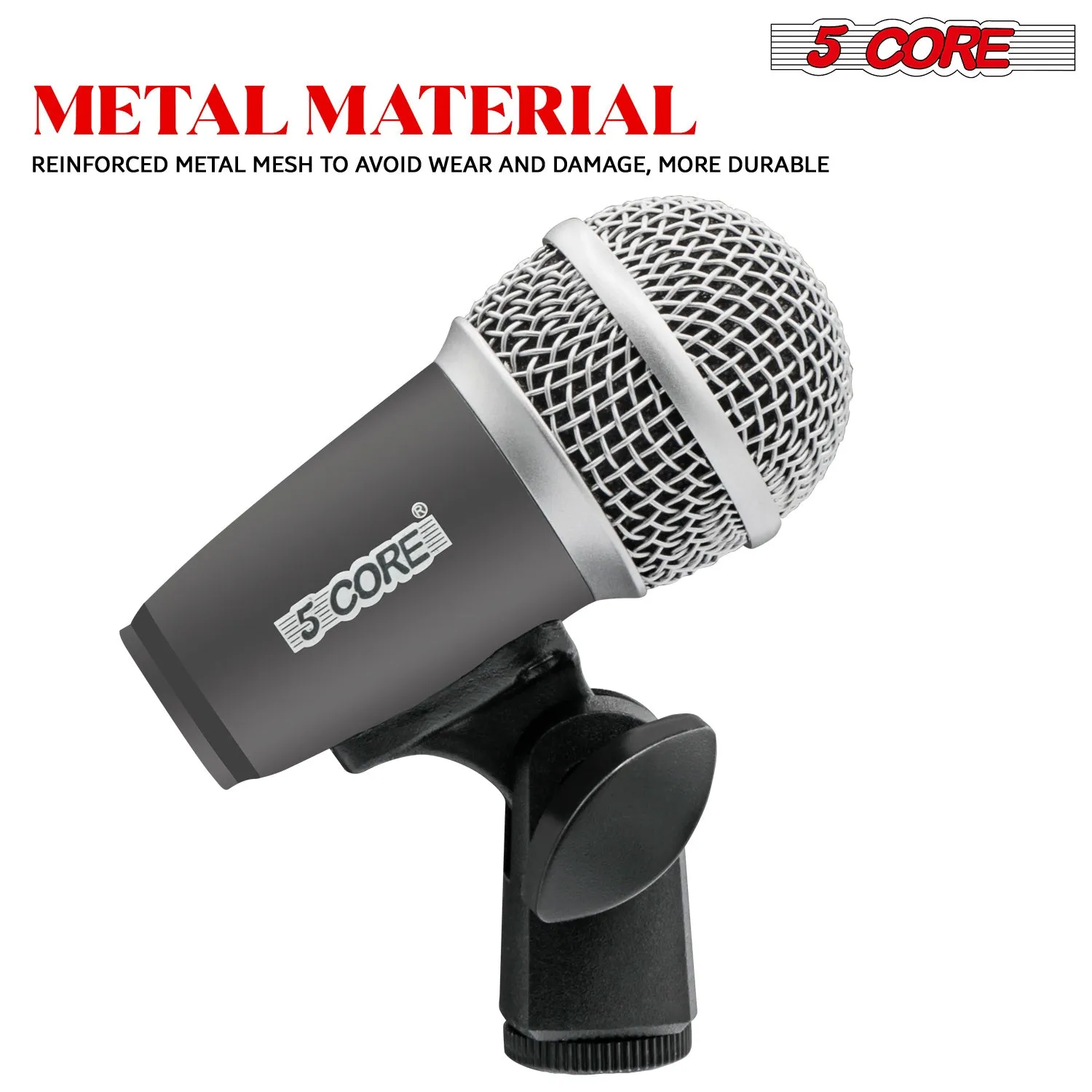 5 Core Drum Microphone Kit 7 Piece Full Metal Dynamic Wired Drums Mic Set for Drummers with Kick Bass Tom Snare   Carrying Silver Case Sponge & Thread Holder for Vocal & Instrument - DM 7RND