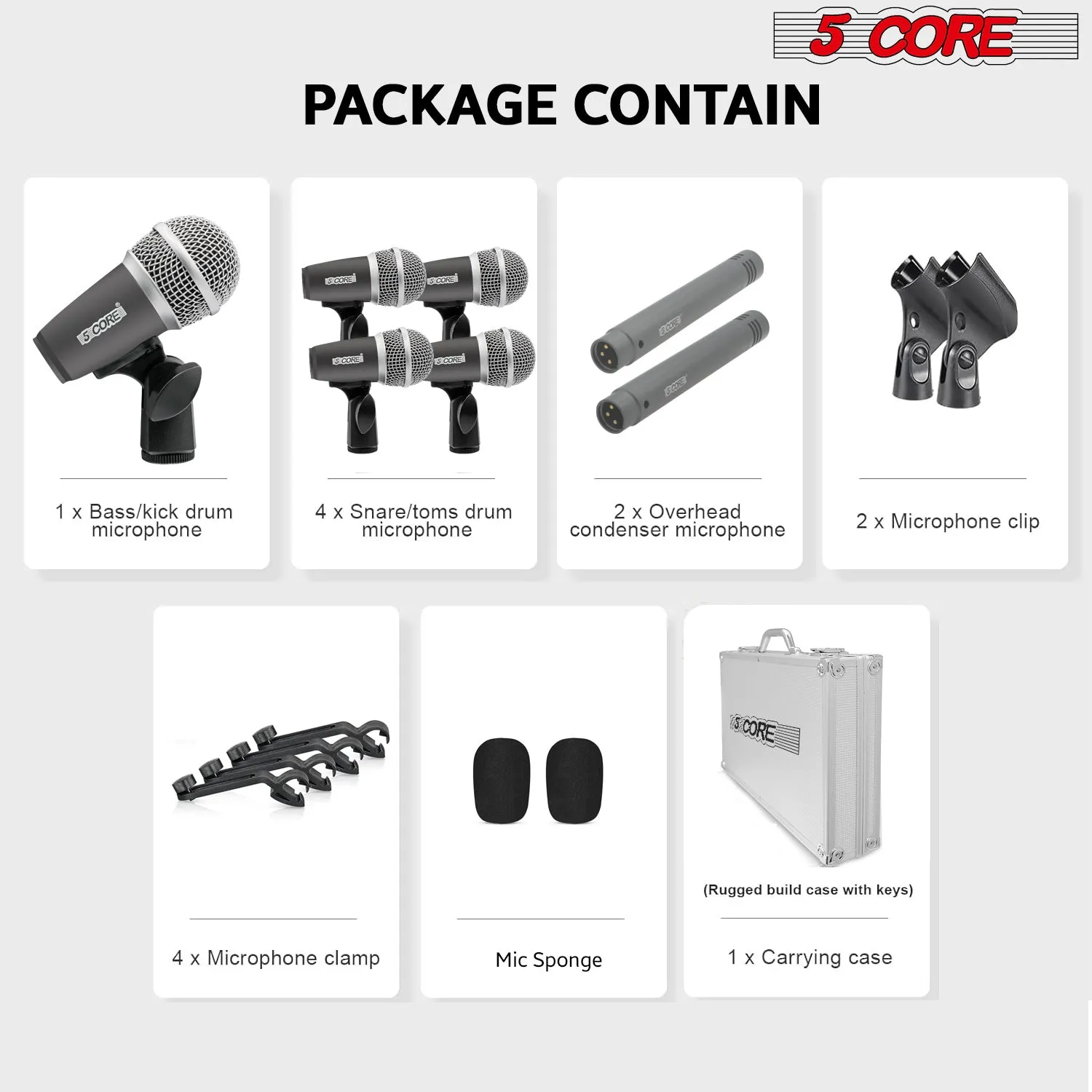 5 Core Drum Microphone Kit 7 Piece Full Metal Dynamic Wired Drums Mic Set for Drummers with Kick Bass Tom Snare   Carrying Silver Case Sponge & Thread Holder for Vocal & Instrument - DM 7RND