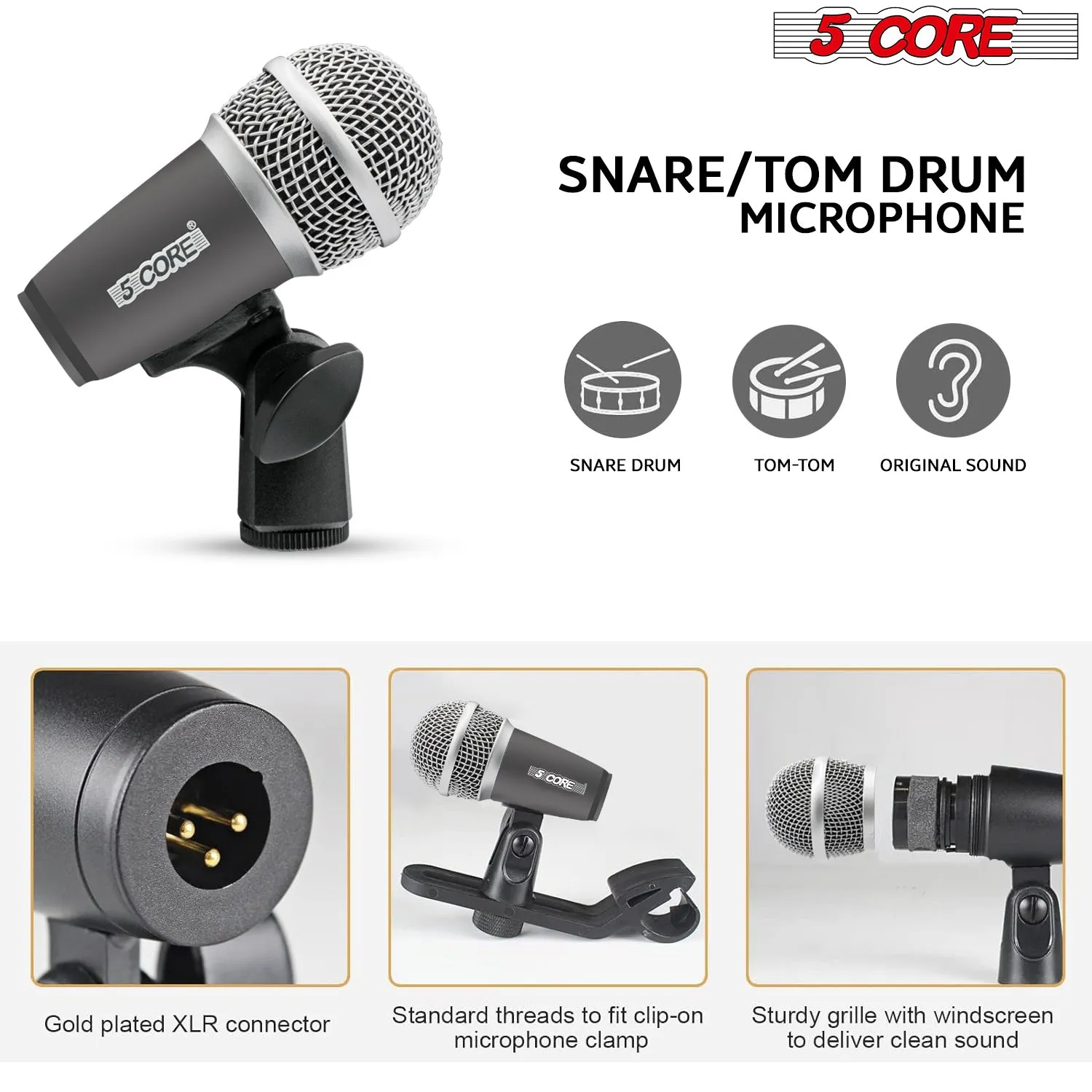 5 Core Drum Microphone Kit 7 Piece Full Metal Dynamic Wired Drums Mic Set for Drummers with Kick Bass Tom Snare   Carrying Silver Case Sponge & Thread Holder for Vocal & Instrument - DM 7RND