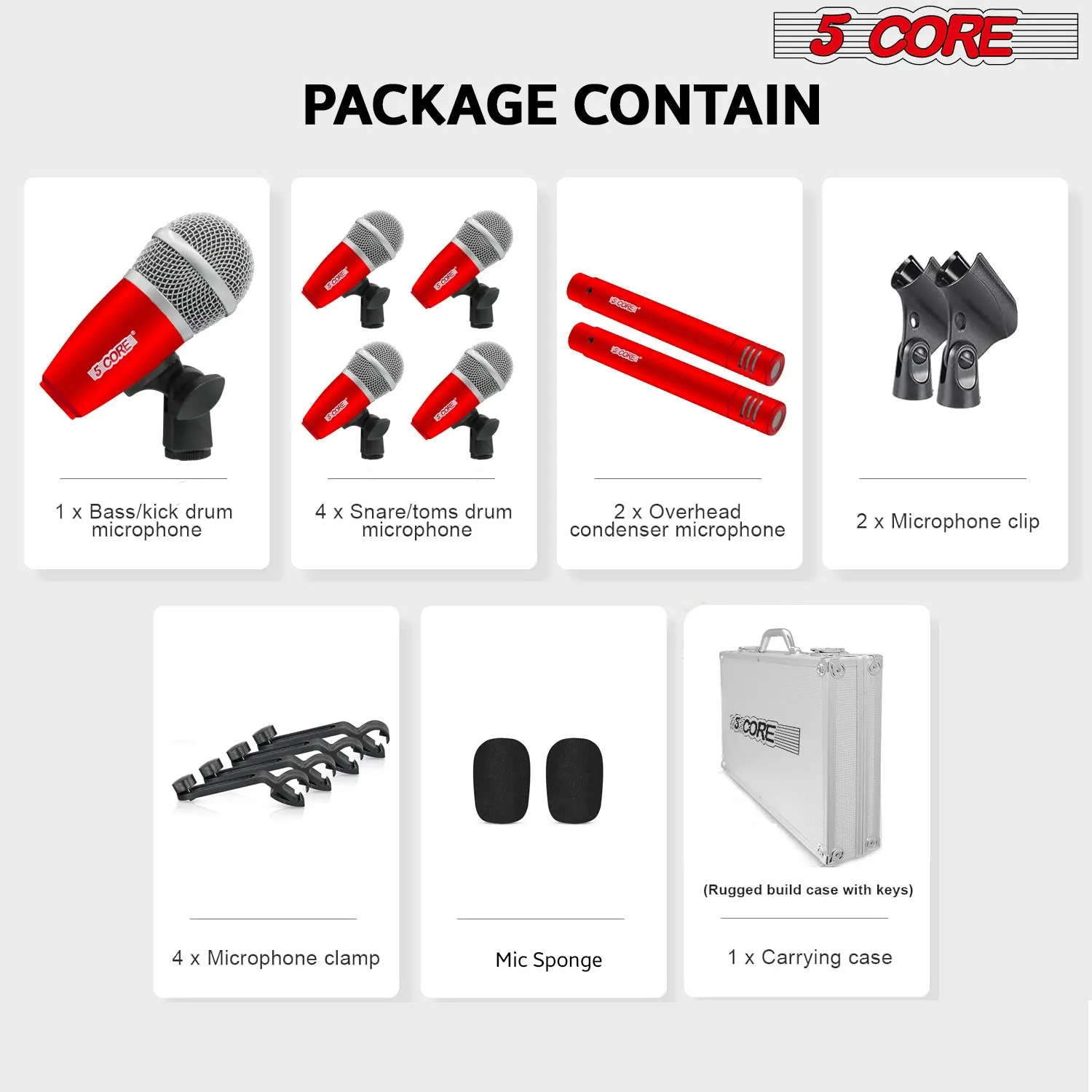 5 Core Drum Microphone Kit 7 Piece Full Metal Dynamic Wired Drums Mic Set for Drummers with Kick Bass Tom Snare   Carrying Silver Case Sponge & Thread Holder for Vocal & Instrument - DM 7RND