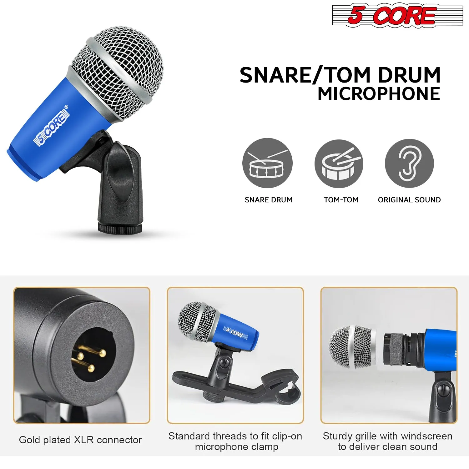 5 Core Drum Microphone Kit 7 Piece Full Metal Dynamic Wired Drums Mic Set for Drummers with Kick Bass Tom Snare   Carrying Silver Case Sponge & Thread Holder for Vocal & Instrument - DM 7RND