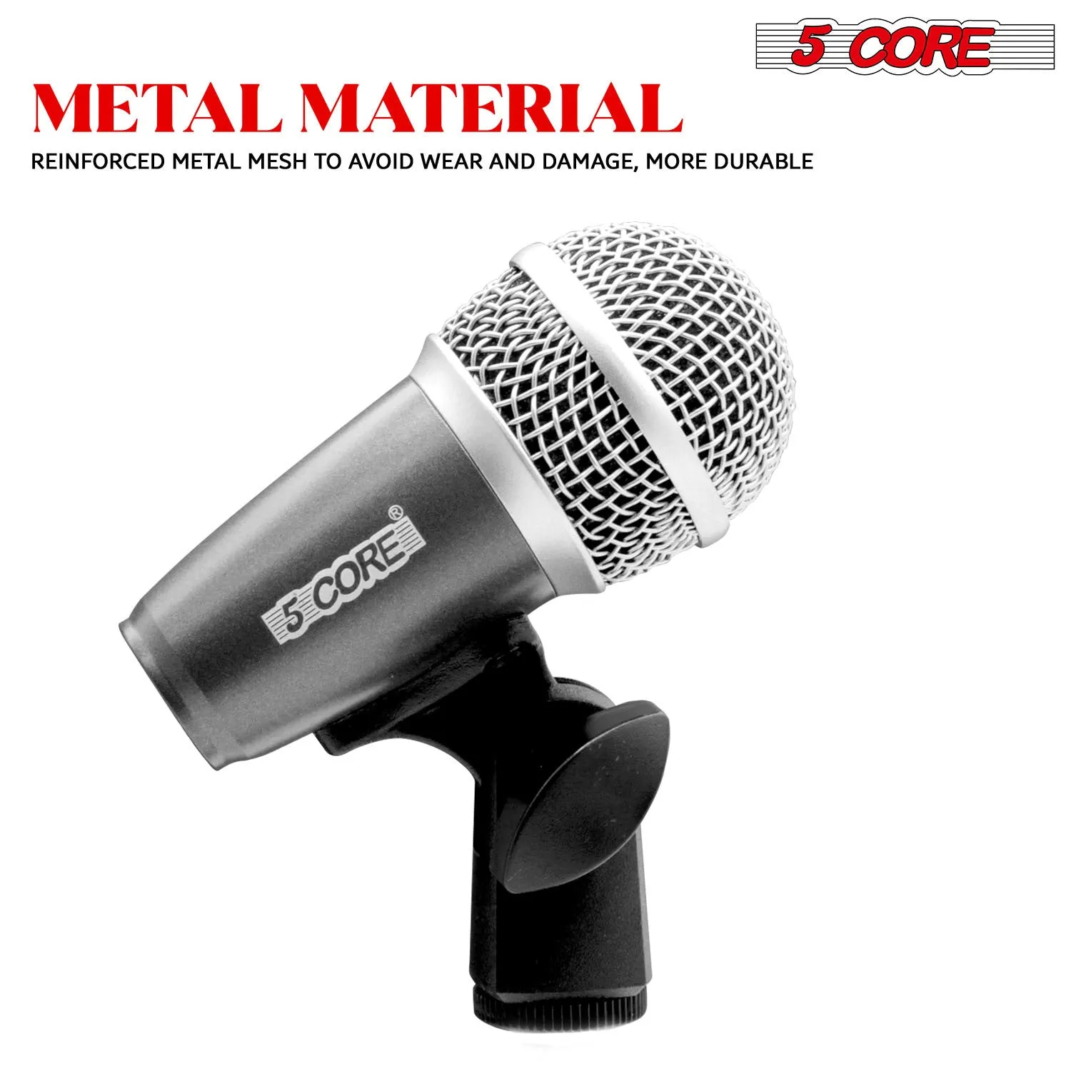 5 Core Drum Microphone Kit 7 Piece Full Metal Dynamic Wired Drums Mic Set for Drummers with Kick Bass Tom Snare   Carrying Silver Case Sponge & Thread Holder for Vocal & Instrument - DM 7RND
