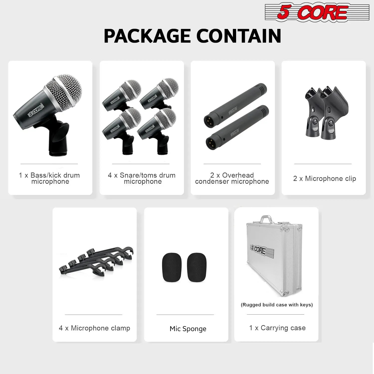 5 Core Drum Microphone Kit 7 Piece Full Metal Dynamic Wired Drums Mic Set for Drummers with Kick Bass Tom Snare   Carrying Silver Case Sponge & Thread Holder for Vocal & Instrument - DM 7RND