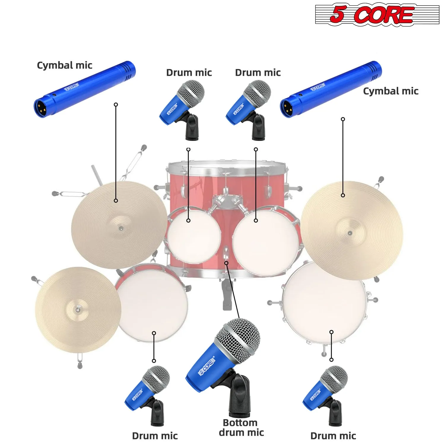 5 Core Drum Microphone Kit 7 Piece Full Metal Dynamic Wired Drums Mic Set for Drummers with Kick Bass Tom Snare   Carrying Silver Case Sponge & Thread Holder for Vocal & Instrument - DM 7RND