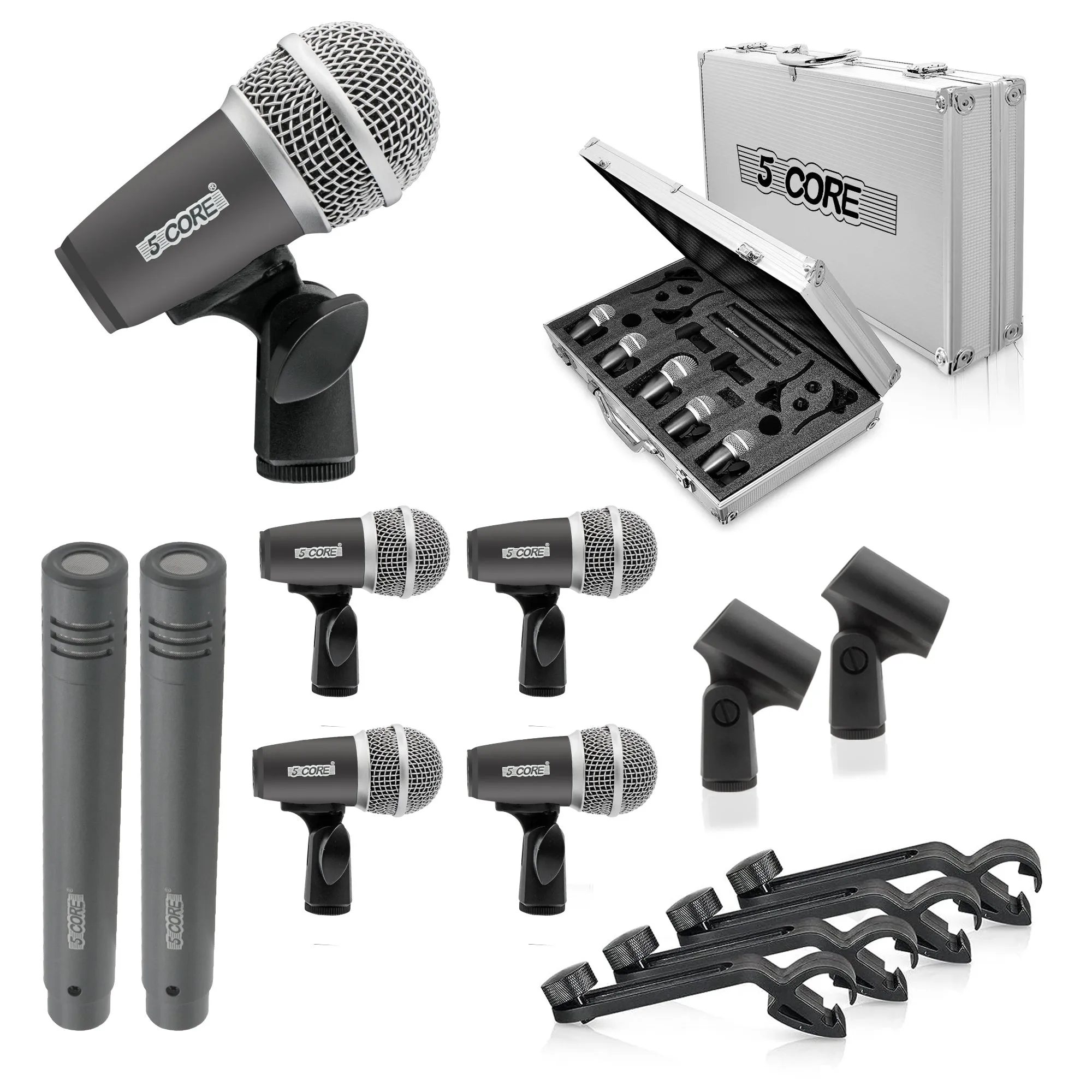 5 Core Drum Microphone Kit 7 Piece Full Metal Dynamic Wired Drums Mic Set for Drummers with Kick Bass Tom Snare   Carrying Silver Case Sponge & Thread Holder for Vocal & Instrument - DM 7RND