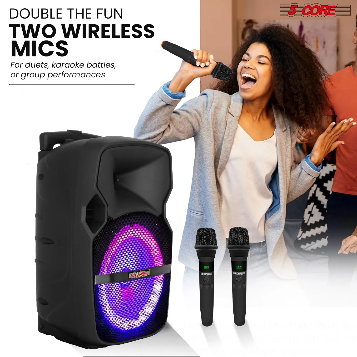 5Core 10 inch PA Portable Bluetooth Party Speaker Karaoke Boombox   2 Wireless Mics