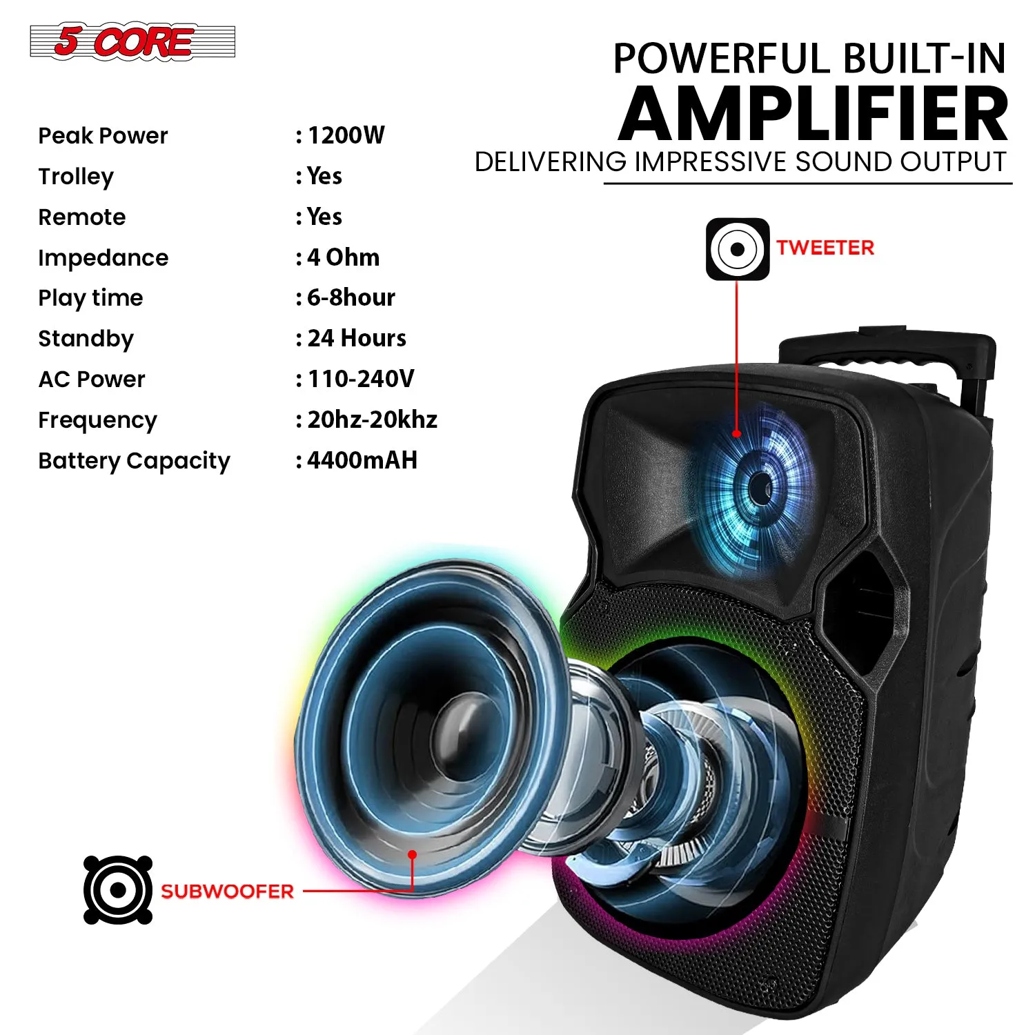 5Core 10 inch PA Portable Bluetooth Party Speaker Karaoke Boombox   2 Wireless Mics