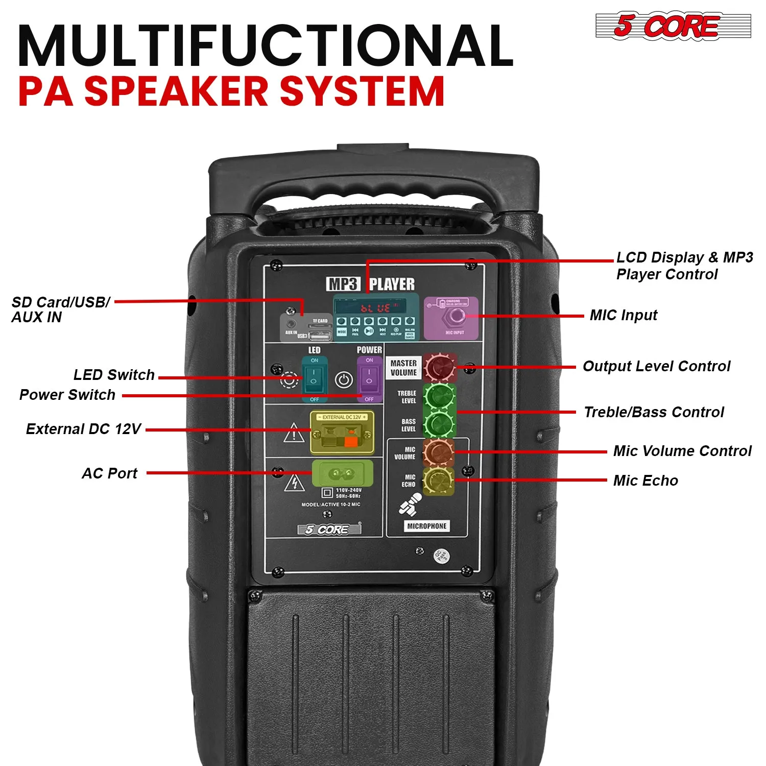 5Core 10 inch PA Portable Bluetooth Party Speaker Karaoke Boombox   2 Wireless Mics