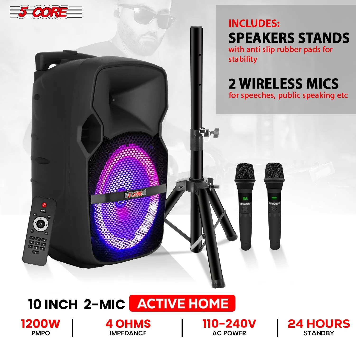 5Core 10 inch PA Portable Bluetooth Party Speaker Karaoke Boombox   2 Wireless Mics