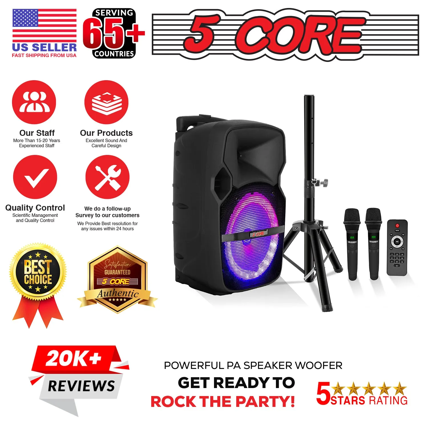 5Core 10 inch PA Portable Bluetooth Party Speaker Karaoke Boombox   2 Wireless Mics