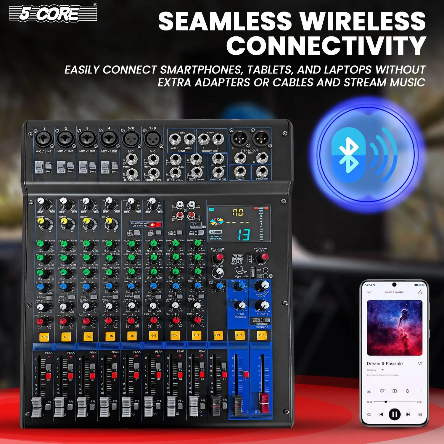 5Core Professional 12-Channel Audio DJ Mixer with 99 DSP Effects and 48V Phantom Power