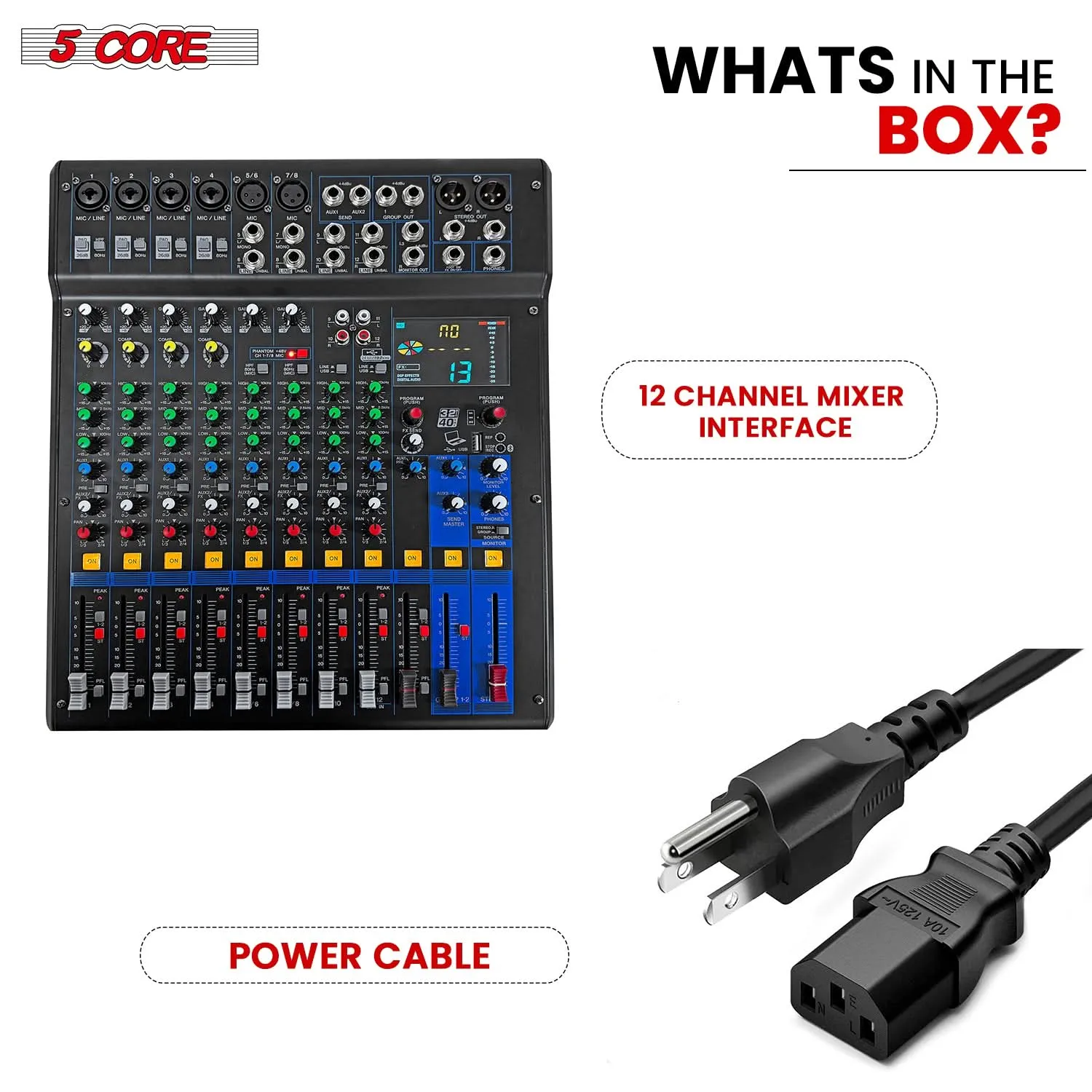 5Core Professional 12-Channel Audio DJ Mixer with 99 DSP Effects and 48V Phantom Power