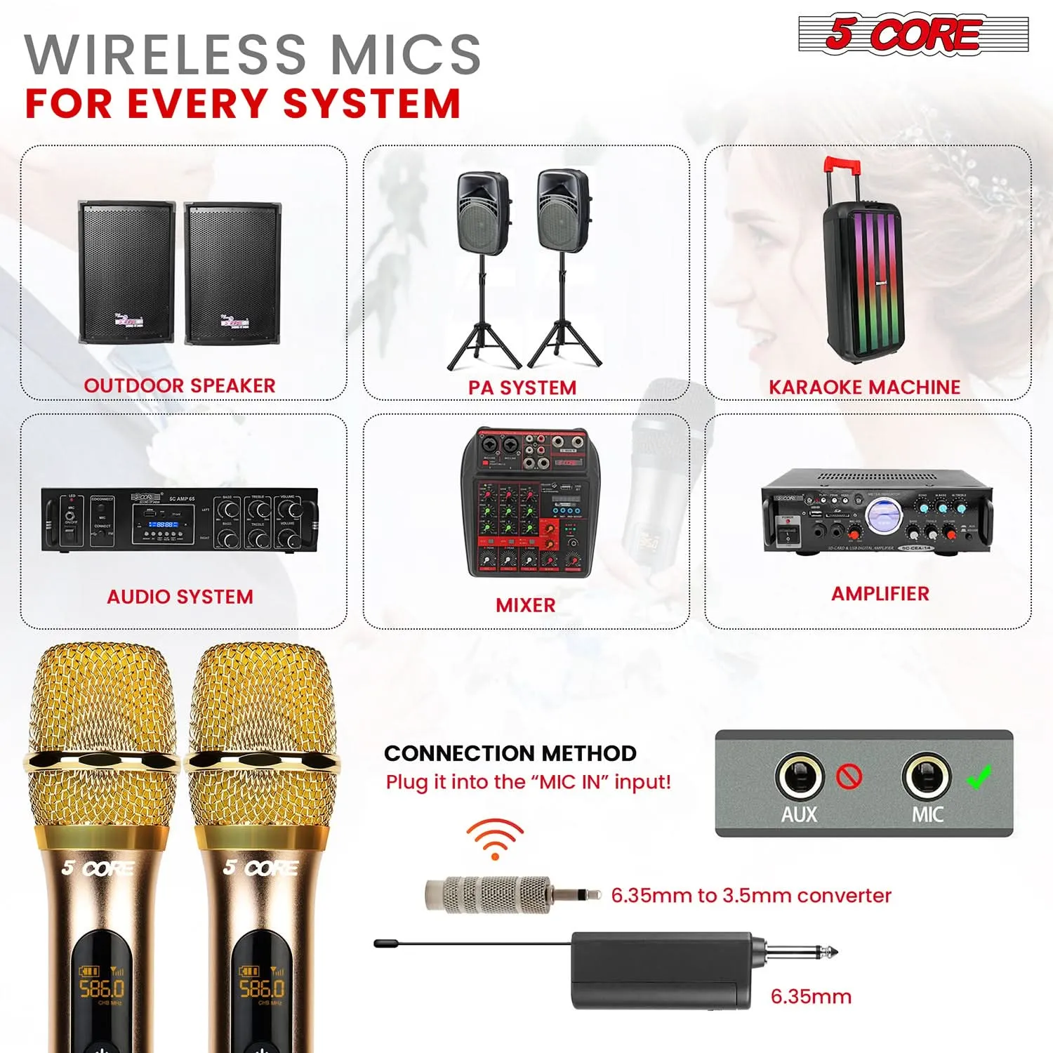 5Core Wireless Microphone Pair UHF Handheld Microfonos Inalambricos Cordless Mic GOLD