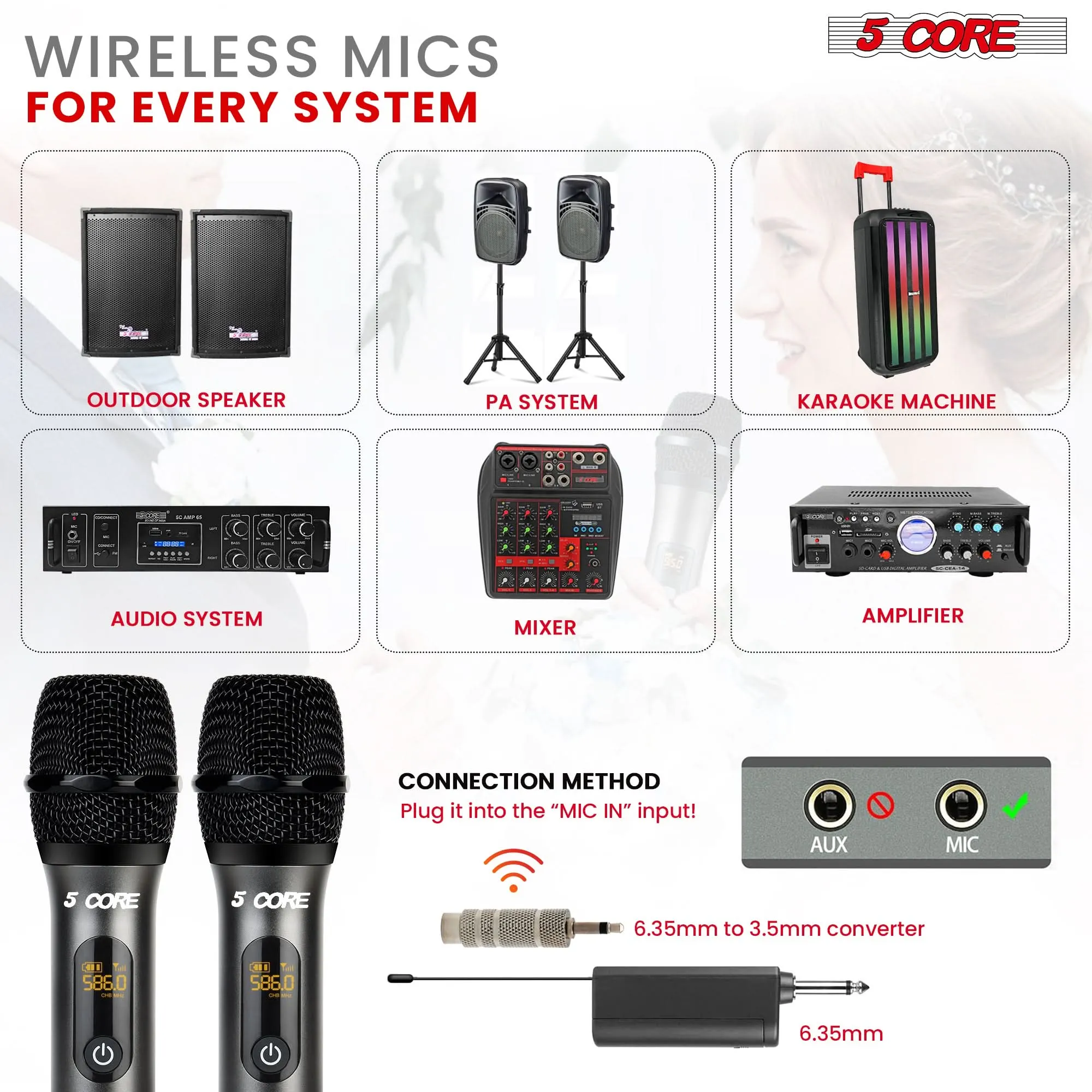 5Core Wireless Microphone Pair UHF Handheld Microfonos Inalambricos Cordless Mic GRAY