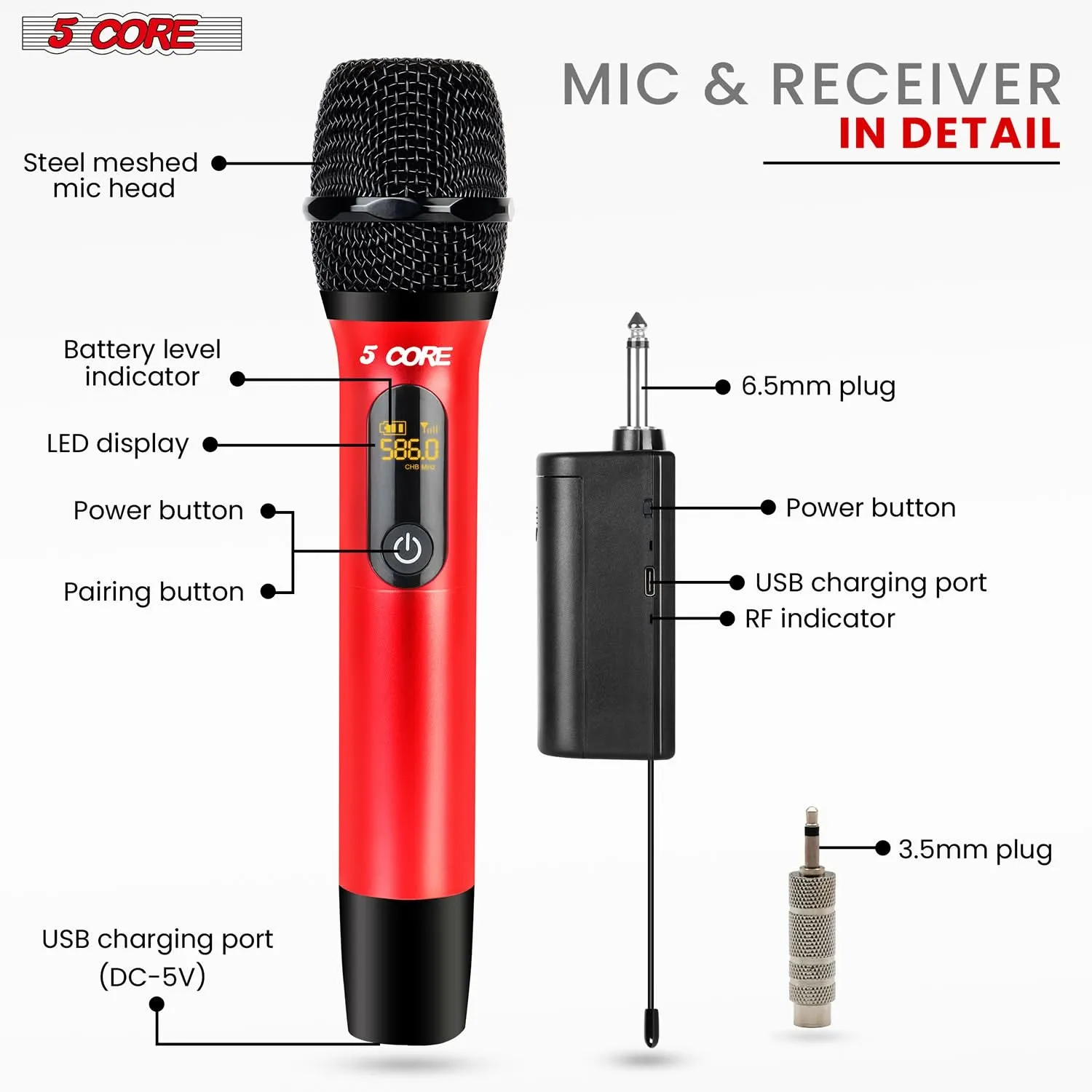 5Core Wireless Microphone Pair UHF Handheld Microfonos Inalambricos Cordless Mic RED   BLACK
