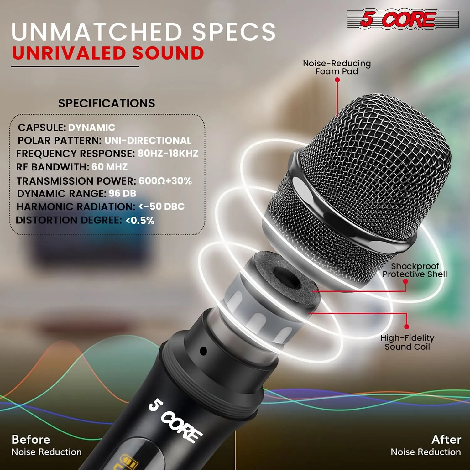 5Core Wireless Microphone Pair UHF Handheld Microfonos Inalambricos Cordless Mic RED   BLACK