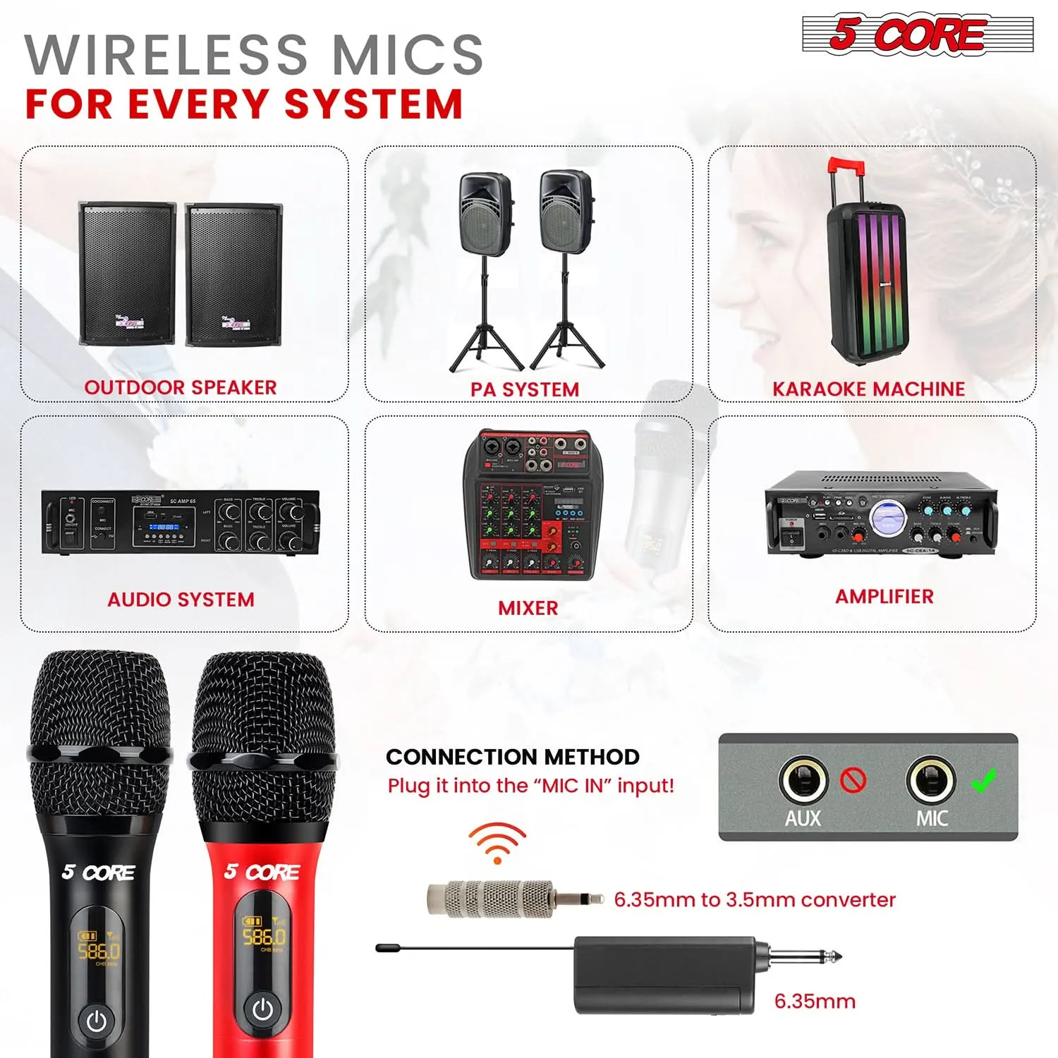 5Core Wireless Microphone Pair UHF Handheld Microfonos Inalambricos Cordless Mic RED   BLACK