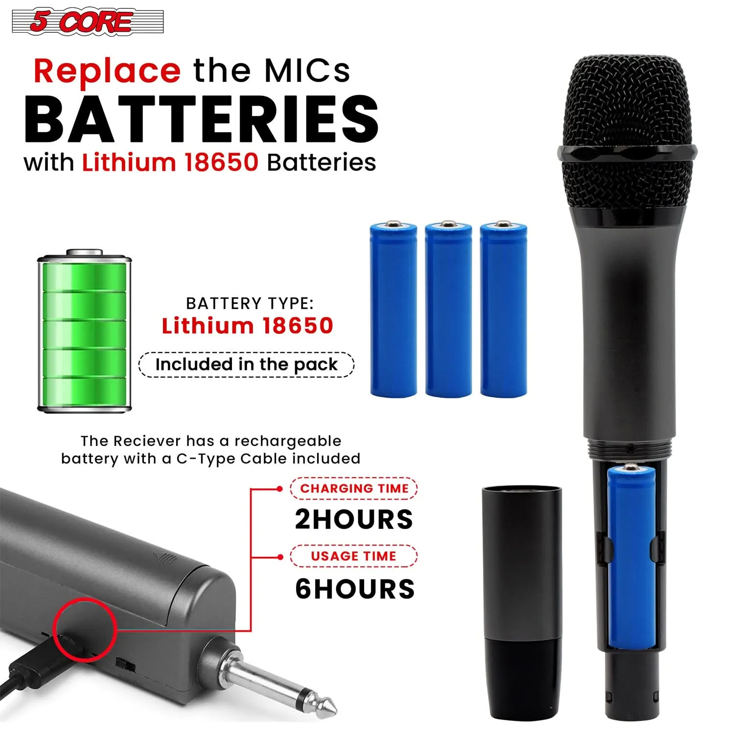 5Core Wireless Microphone Pair UHF Handheld Microfonos Inalambricos Cordless Mic RED   BLACK
