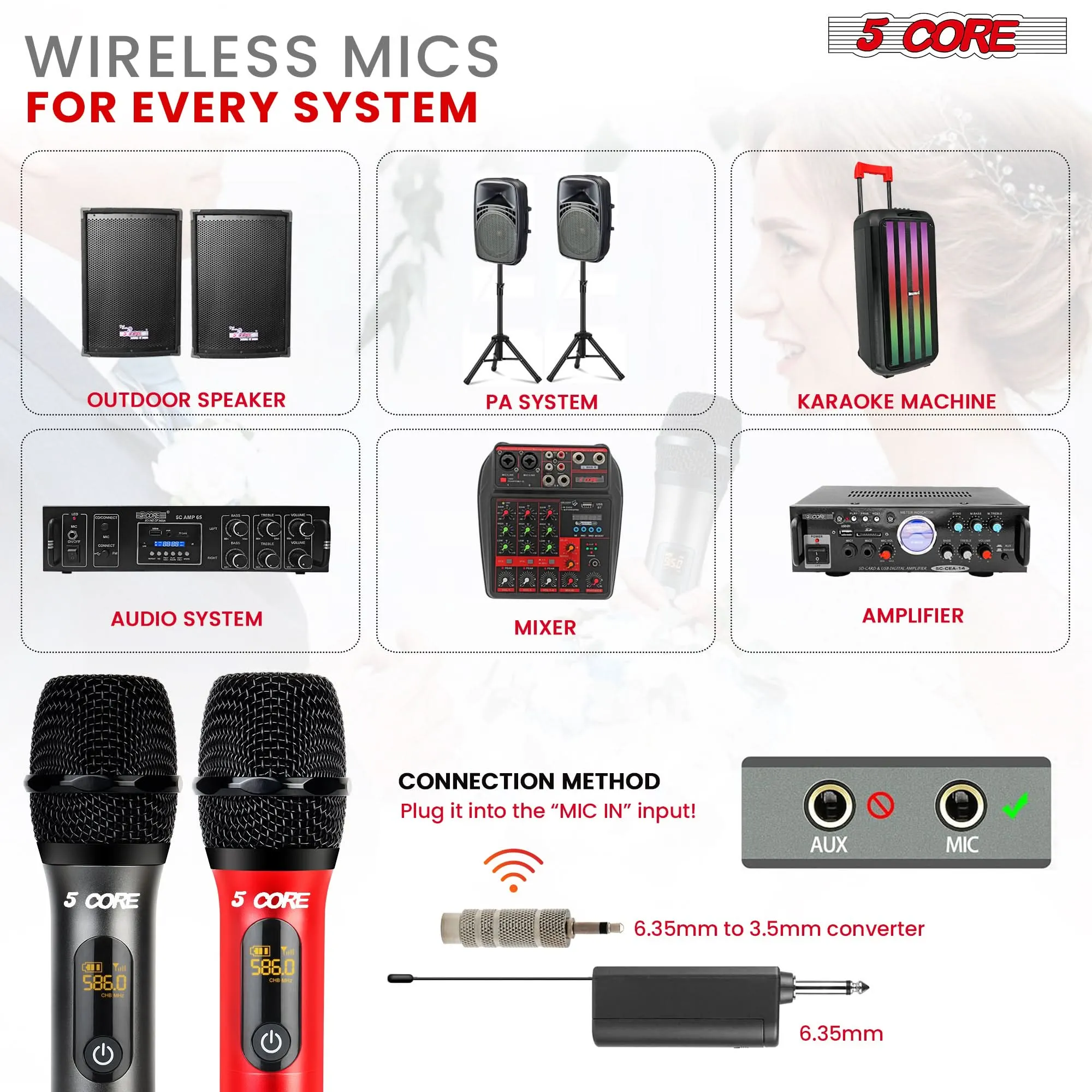 5Core Wireless Microphone Pair UHF Handheld Microfonos Inalambricos Cordless Mic RED   GRAY
