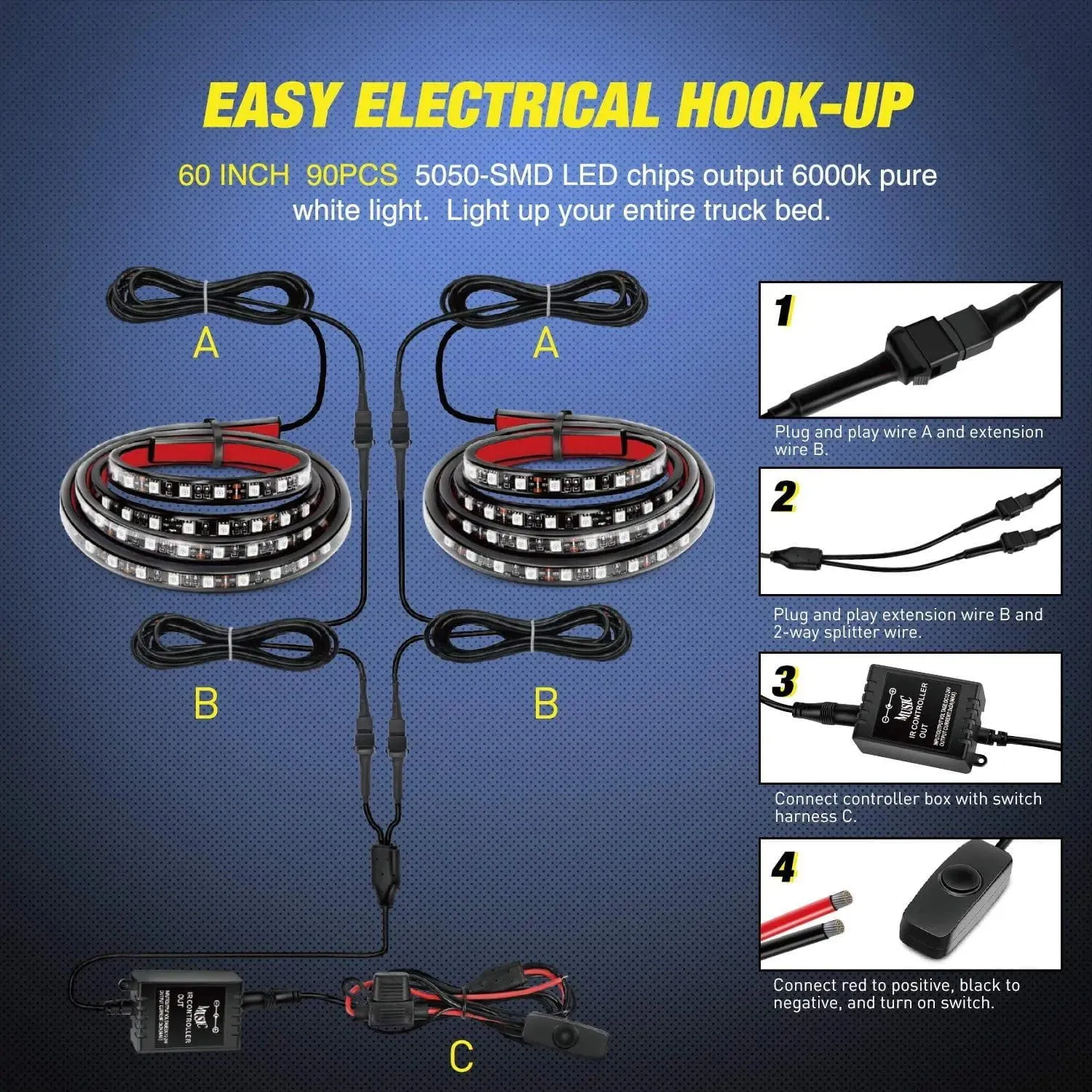 60 Inch 180Leds RGB RF Remote Control LED Bed Light Strip 2PCS