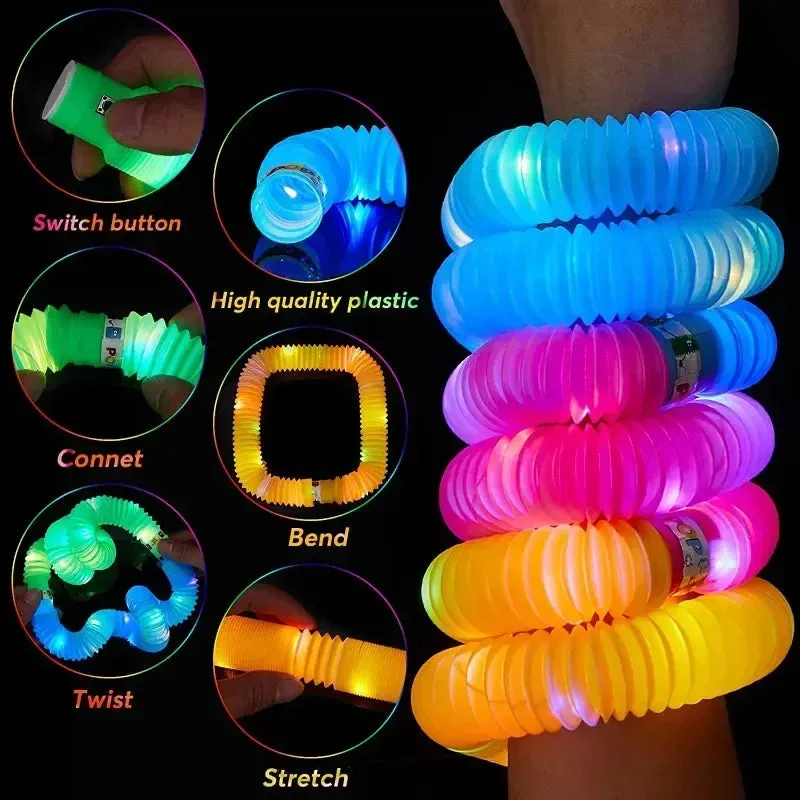 6/18/- pcs Pop Tubes Lighted LED Sensory Toys Pull Stretch Tube Toddlers Gifts Children's Luminous Popping Party Game Supplies