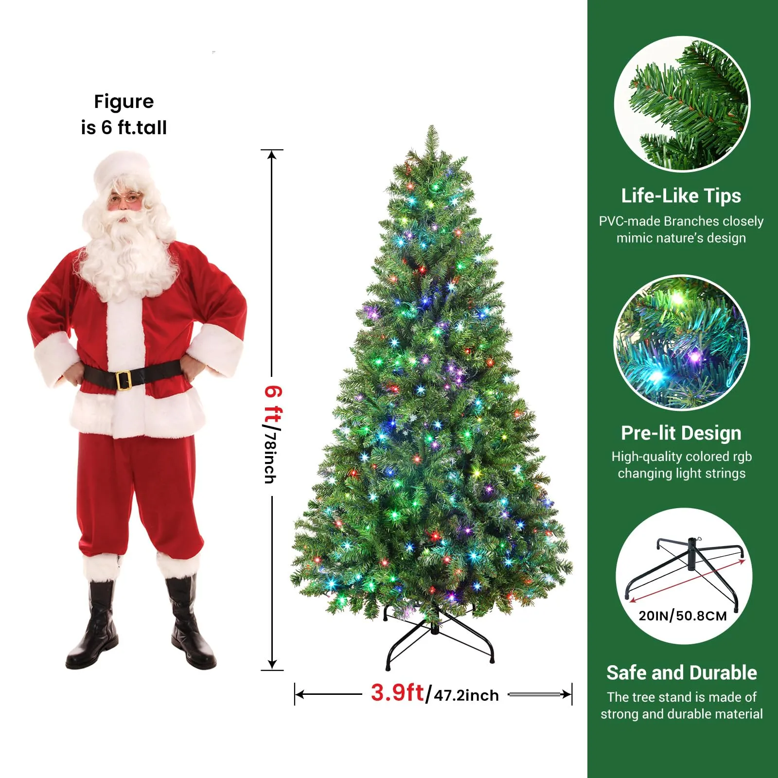 6ft Prelit 330 Multi-Color Changing RGB Lights 948 PVC Branch Premium Artificial Hinged Full Christmas Tree with Remote-Green
