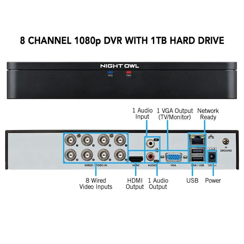 8-Channel 1080p 1TB DVR Security Surveillance System with 4-Wired Human Detection Bullet Cameras