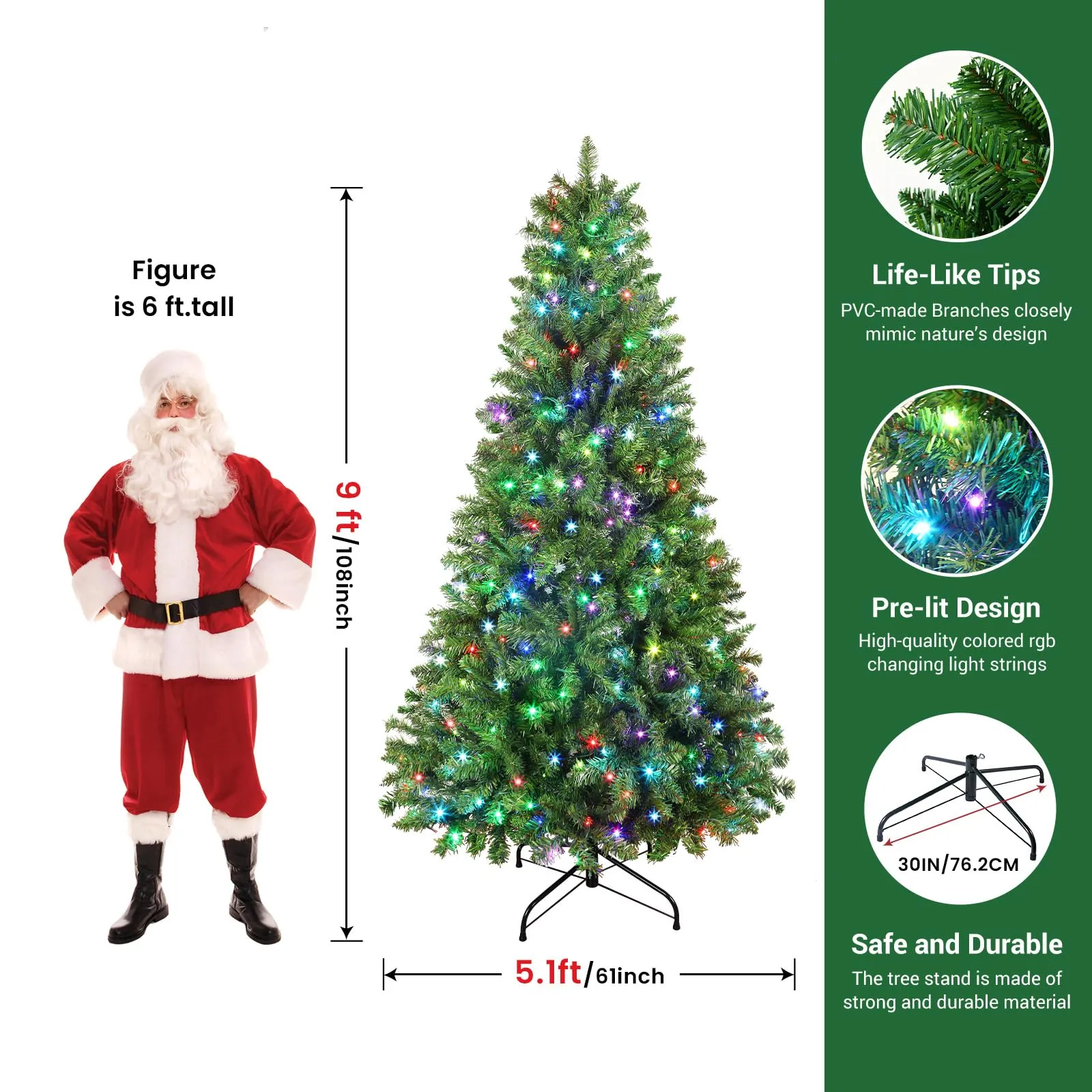 9ft Prelit RGB Lights Premium Artificial Hinged Christmas Tree