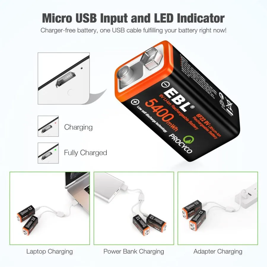 9V Rechargeable Lithium Li-ion Battery USB Charge (2 Pack)