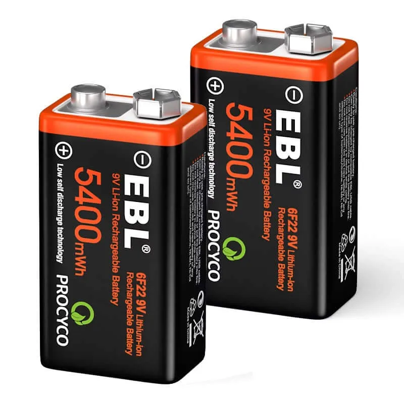 9V Rechargeable Lithium Li-ion Battery USB Charge (2 Pack)