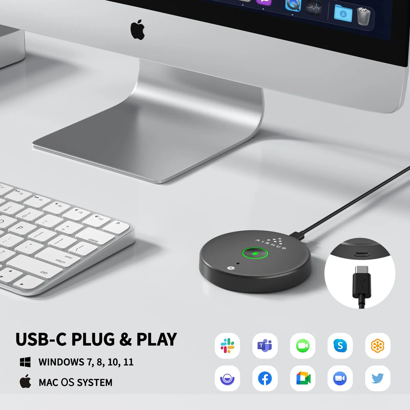 AIRHUG USB Microphone,Desktop Computer Mic, Mute Button with LED Indicator,AI Noise Reduction,Plug & Play Omnidirectional Condenser PC Laptop Mics,for Online Calls/Class/Recording Video