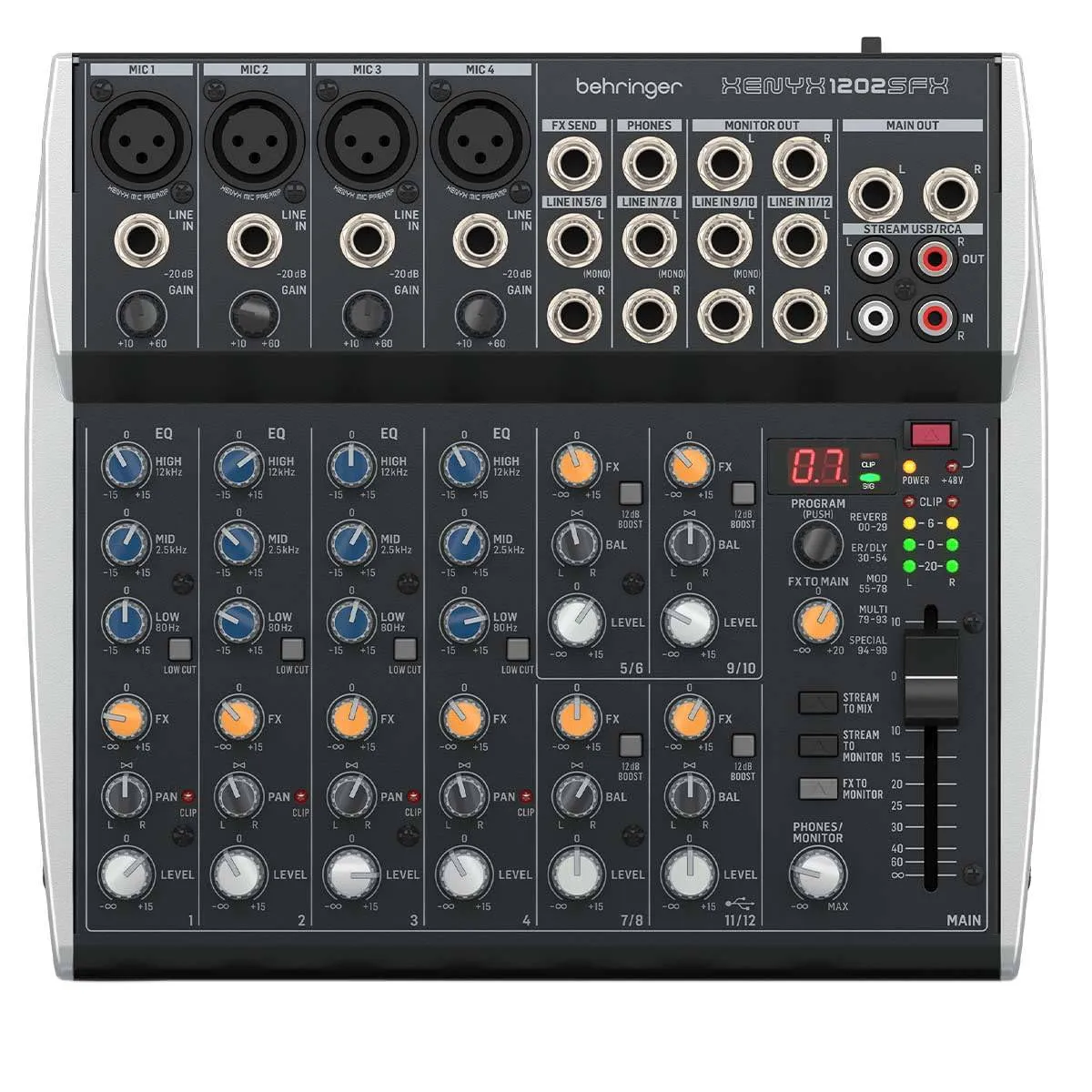 Behringer Xenyx 1202SFX Premium Analog 12-Input Mixer with USB Streaming Interface and Klark Teknik Effects