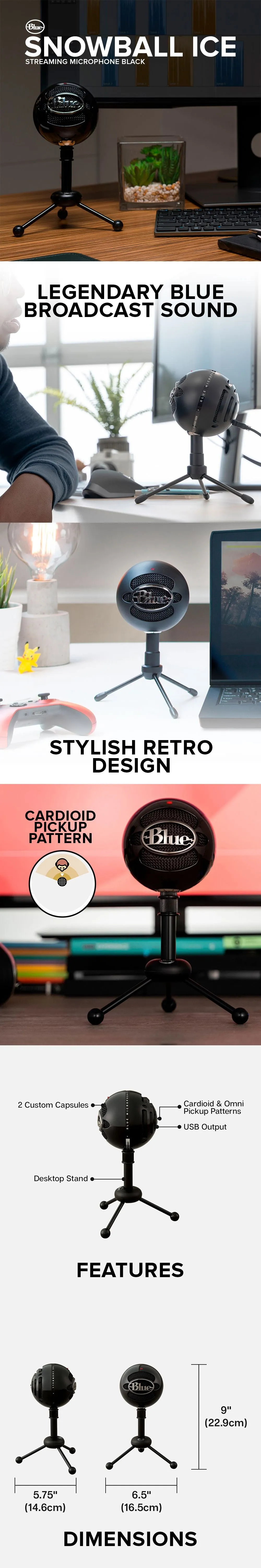 Blue Snowball Ice Black and White Pristine Sound for Recording, Streaming and Podcasting, Streaming Microphone 1ION