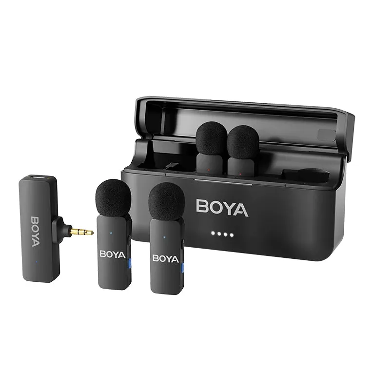 Boya BY-V4 (4TX RX) Wireless Microphone System with 4-Peson Clip-On Mic Transmitters, USB-C/Lightning/3.5mm Audio Receiver & Charging Case for Smartphone, Camera, Computer Laptop, iPhone - Vlogging, Live Streaming, Video Content Creation