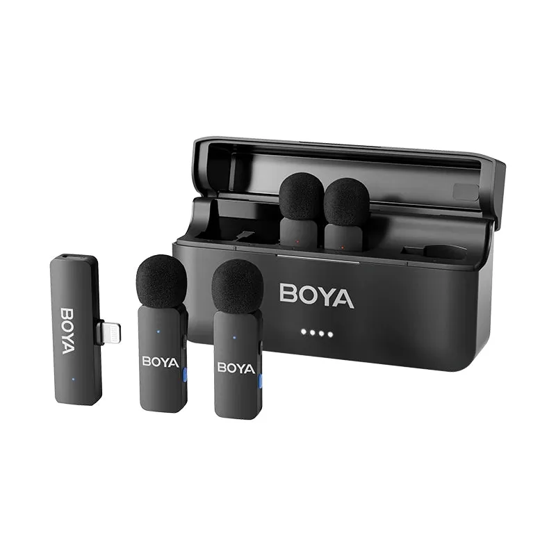 Boya BY-V4 (4TX RX) Wireless Microphone System with 4-Peson Clip-On Mic Transmitters, USB-C/Lightning/3.5mm Audio Receiver & Charging Case for Smartphone, Camera, Computer Laptop, iPhone - Vlogging, Live Streaming, Video Content Creation
