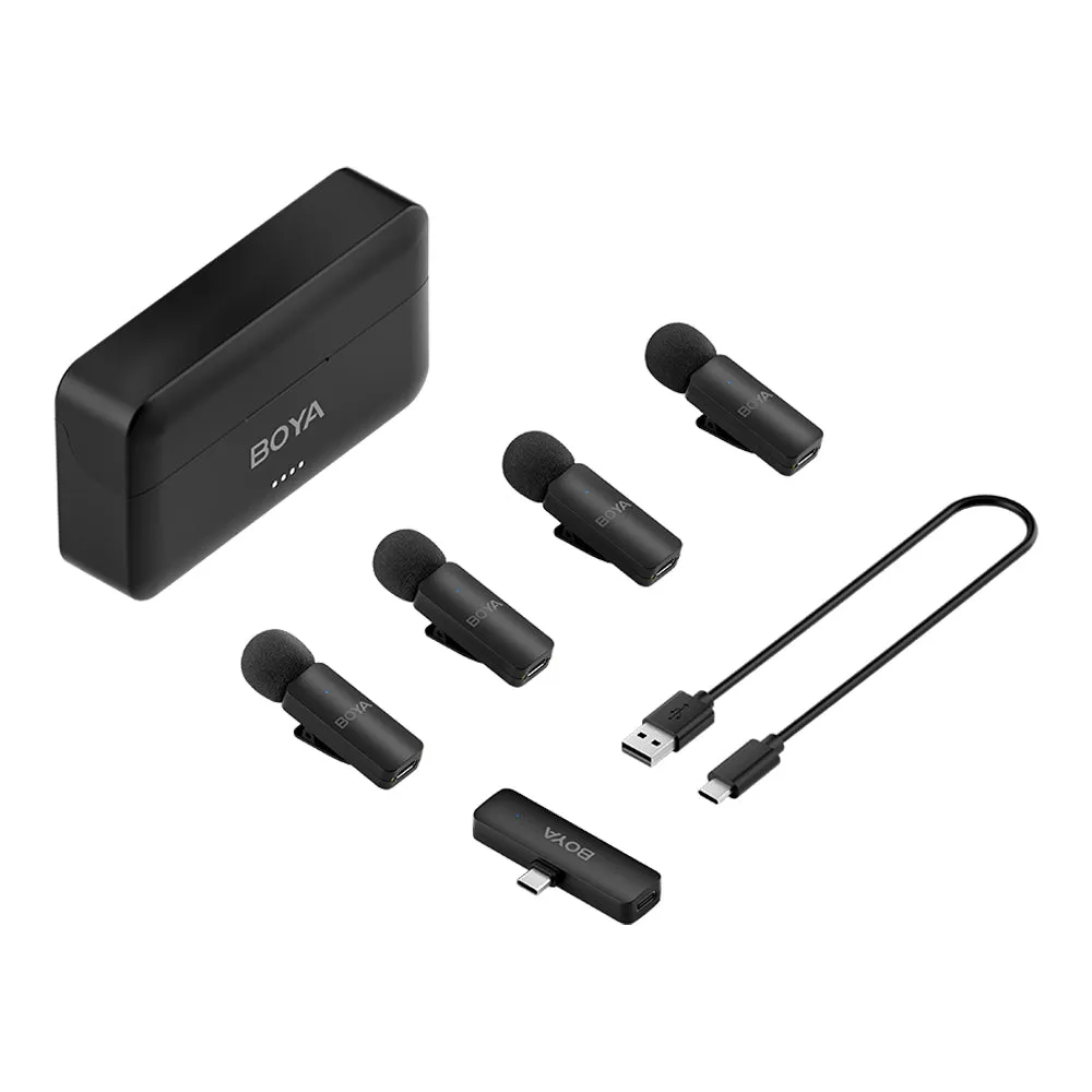 Boya BY-V4 (4TX RX) Wireless Microphone System with 4-Peson Clip-On Mic Transmitters, USB-C/Lightning/3.5mm Audio Receiver & Charging Case for Smartphone, Camera, Computer Laptop, iPhone - Vlogging, Live Streaming, Video Content Creation