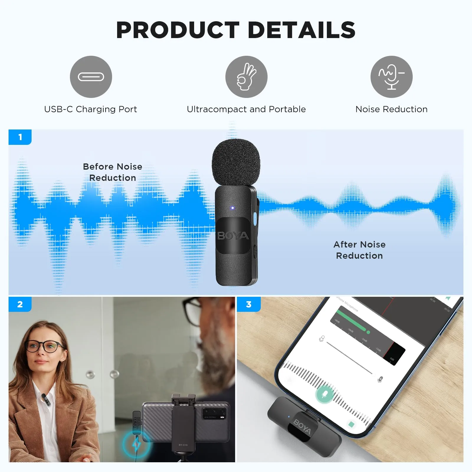 BOYA Dual Wireless Lavalier Lapel Microphone for Android Smartphone iPhone15 Laptop - Omnidirectional USB C Condenser Video Recording Mic for Interview Podcast Vlog YouTube Live Stream (TX TX RX)