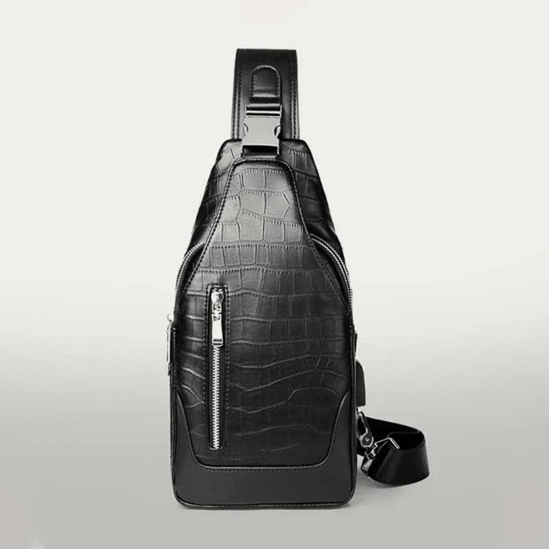 Crocodile Grain Leather Sling Backpack Shoulder Bag for Men Travel Daypack