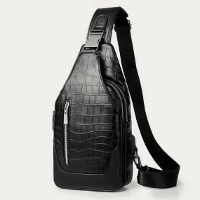 Crocodile Grain Leather Sling Backpack Shoulder Bag for Men Travel Daypack