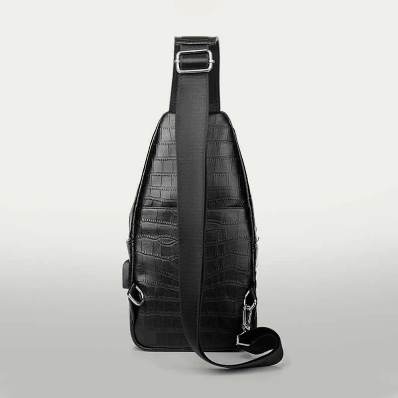Crocodile Grain Leather Sling Backpack Shoulder Bag for Men Travel Daypack