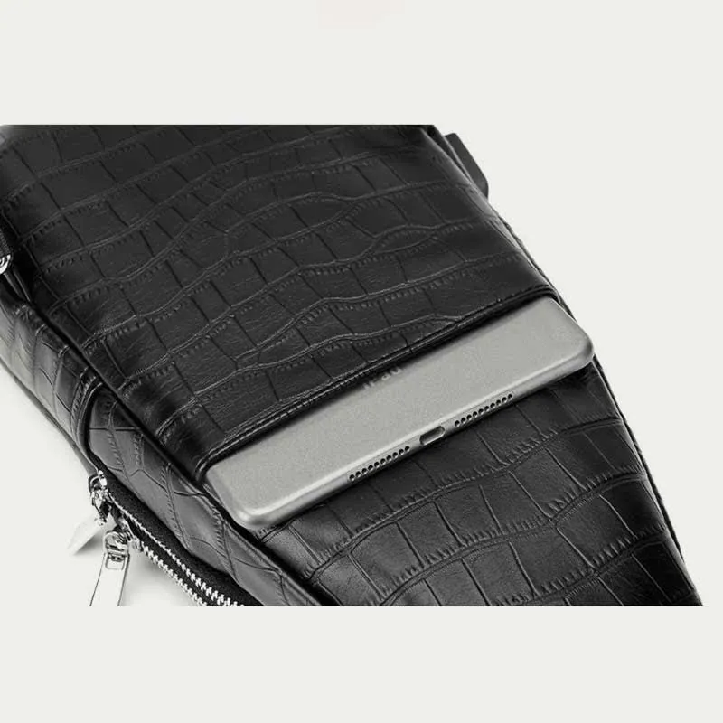 Crocodile Grain Leather Sling Backpack Shoulder Bag for Men Travel Daypack