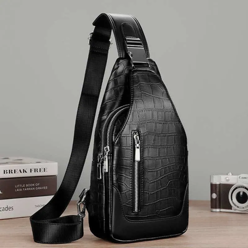 Crocodile Grain Leather Sling Backpack Shoulder Bag for Men Travel Daypack