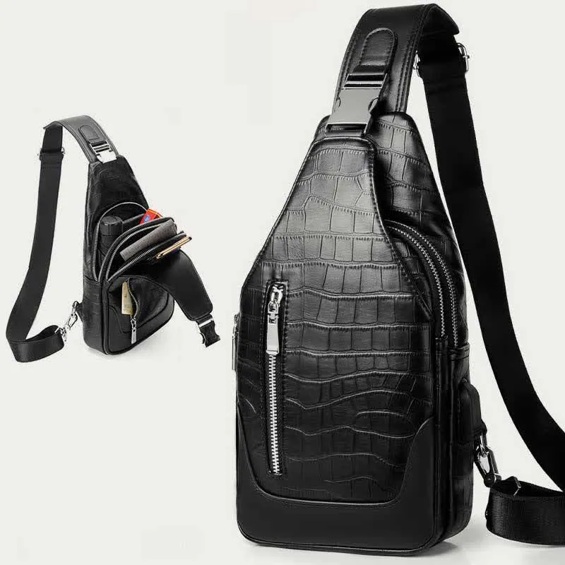 Crocodile Grain Leather Sling Backpack Shoulder Bag for Men Travel Daypack