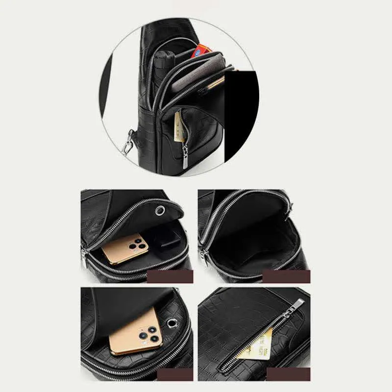 Crocodile Grain Leather Sling Backpack Shoulder Bag for Men Travel Daypack