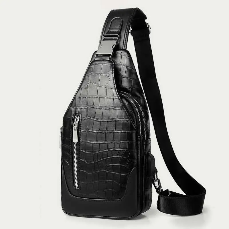 Crocodile Grain Leather Sling Backpack Shoulder Bag for Men Travel Daypack