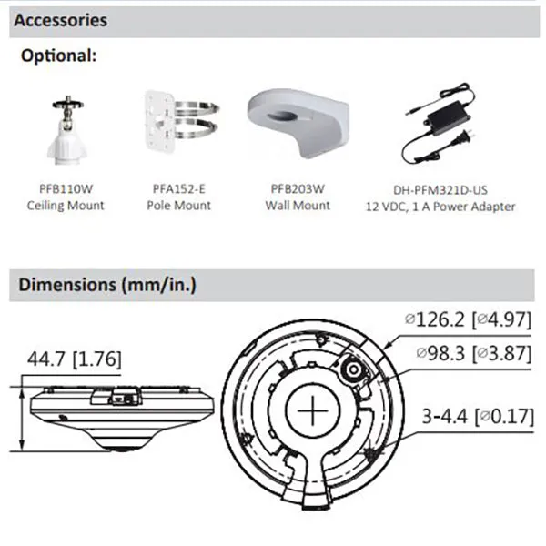 Dahua / IP / 5MP / Fisheye Camera / Fixed / 1.4mm Lens / WDR / 10m IR / Night Vision / 360° Panoramic / Built-in Microphone / 5 Year Warranty / DH-N55CT5